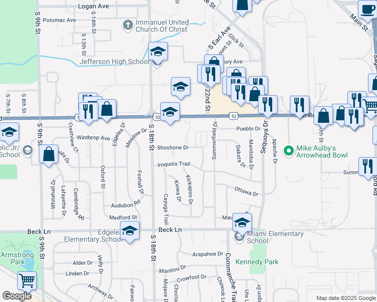 map of restaurants, bars, coffee shops, grocery stores, and more near 1841 Shoshone Drive in Lafayette