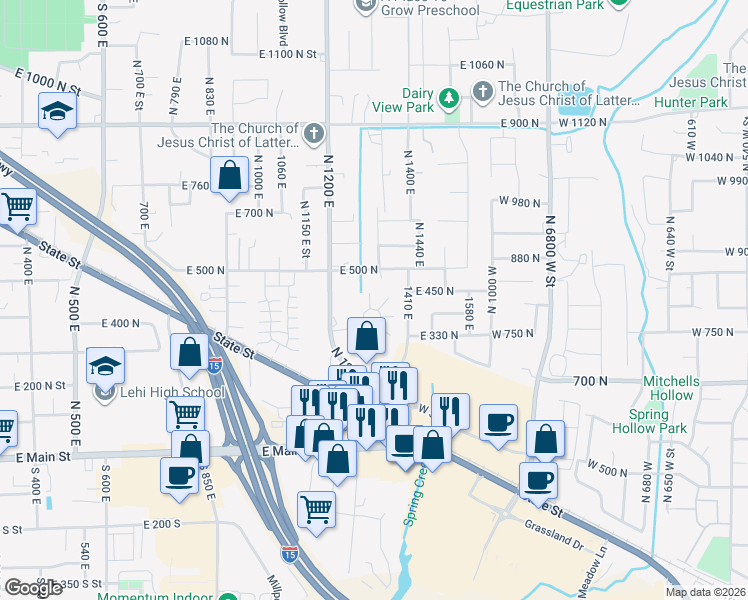 map of restaurants, bars, coffee shops, grocery stores, and more near 414 North 1322 East in Lehi