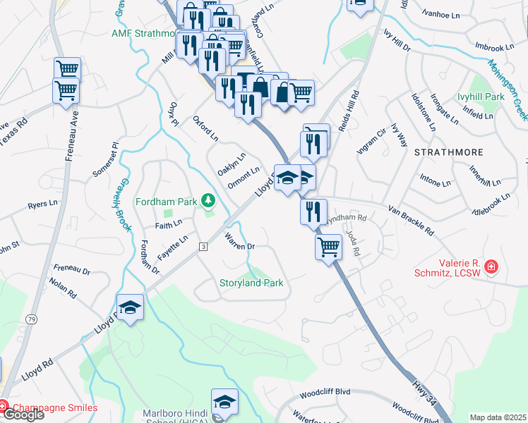 map of restaurants, bars, coffee shops, grocery stores, and more near 242 Lloyd Road in Matawan