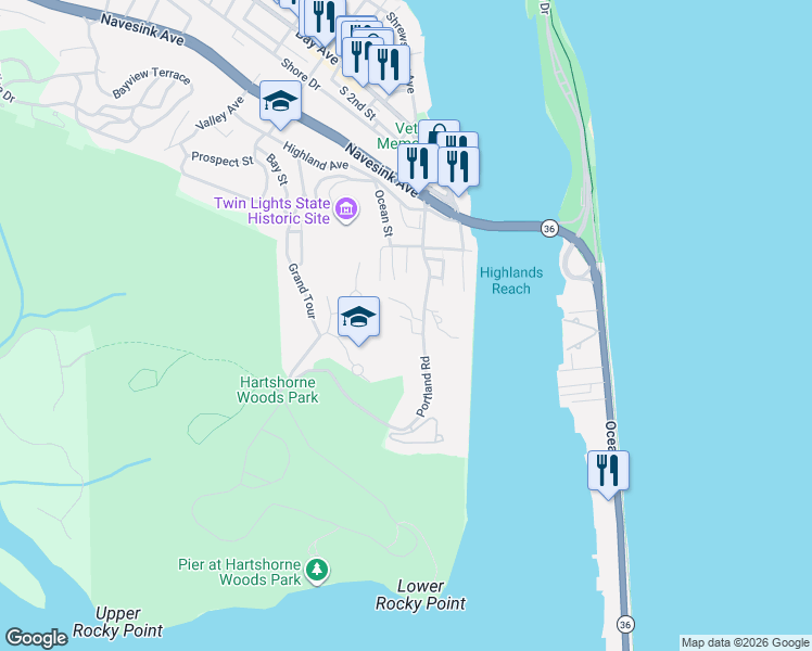 map of restaurants, bars, coffee shops, grocery stores, and more near 82 Portland Road in Highlands