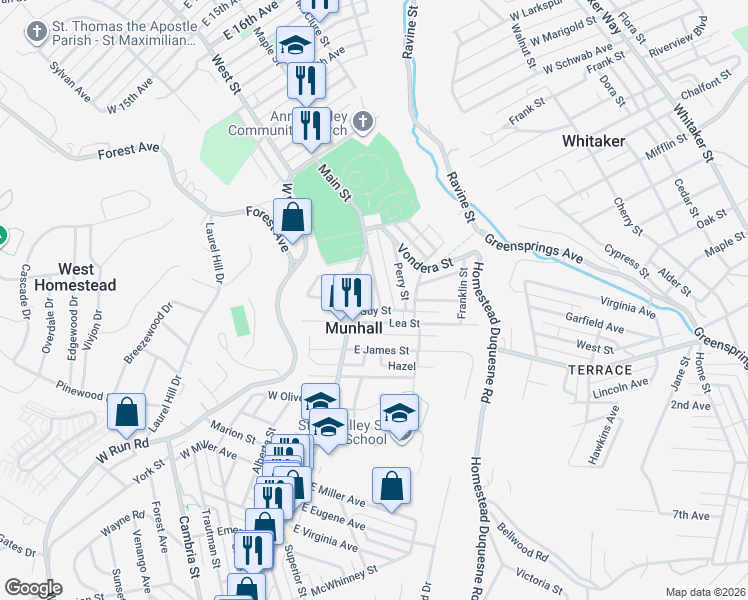 map of restaurants, bars, coffee shops, grocery stores, and more near 2441 Dewey Street in Munhall