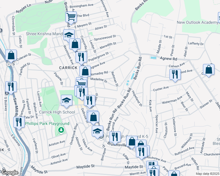 map of restaurants, bars, coffee shops, grocery stores, and more near 156 Madeline Street in Pittsburgh