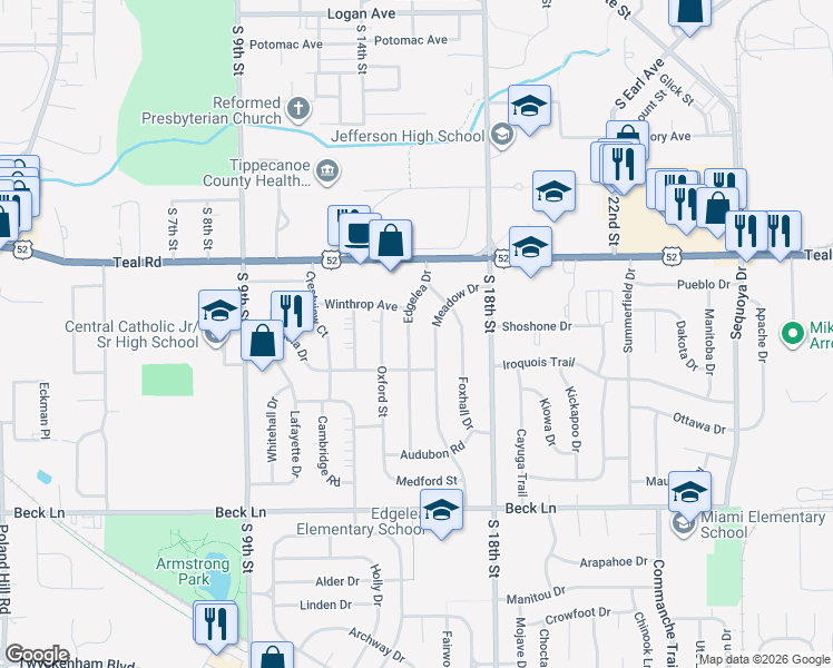 map of restaurants, bars, coffee shops, grocery stores, and more near 2400 Edgelea Drive in Lafayette