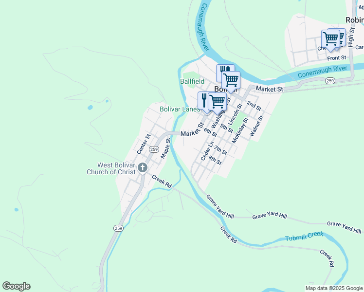 map of restaurants, bars, coffee shops, grocery stores, and more near 541 Market Street in Bolivar