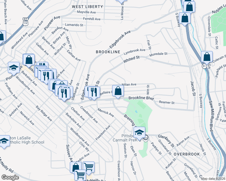 map of restaurants, bars, coffee shops, grocery stores, and more near 1232 Milan Avenue in Pittsburgh