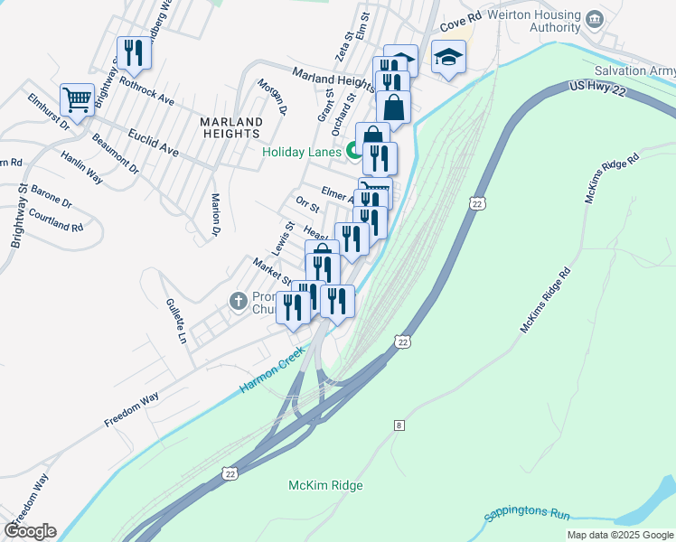 map of restaurants, bars, coffee shops, grocery stores, and more near 4014 Washington Street in Weirton