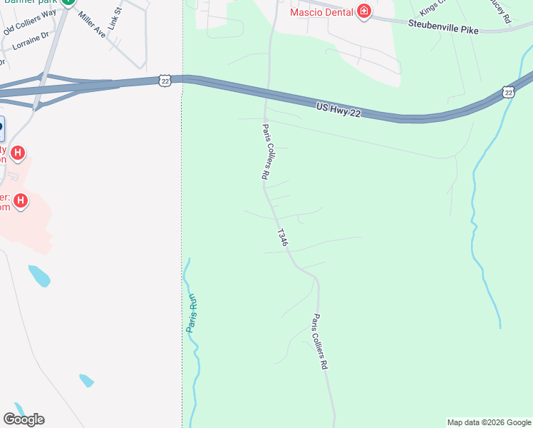 map of restaurants, bars, coffee shops, grocery stores, and more near 430 Paris Colliers Road in Burgettstown