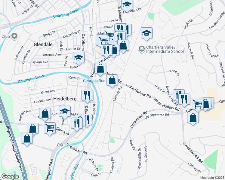 map of restaurants, bars, coffee shops, grocery stores, and more near 800 Hope Hollow Road in Carnegie