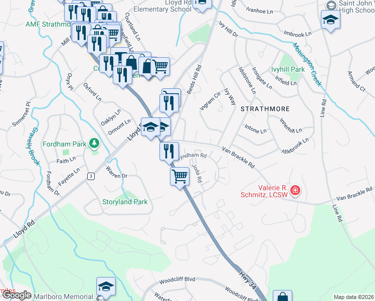 map of restaurants, bars, coffee shops, grocery stores, and more near 28 Balmoral Court in Matawan