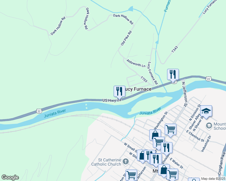 map of restaurants, bars, coffee shops, grocery stores, and more near 21 Substation Road in Mount Union