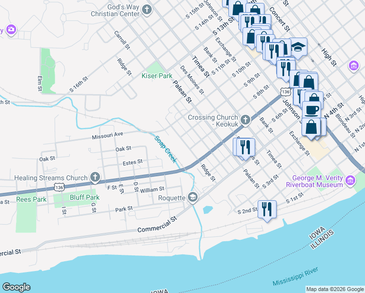 map of restaurants, bars, coffee shops, grocery stores, and more near 812 Ridge Street in Keokuk