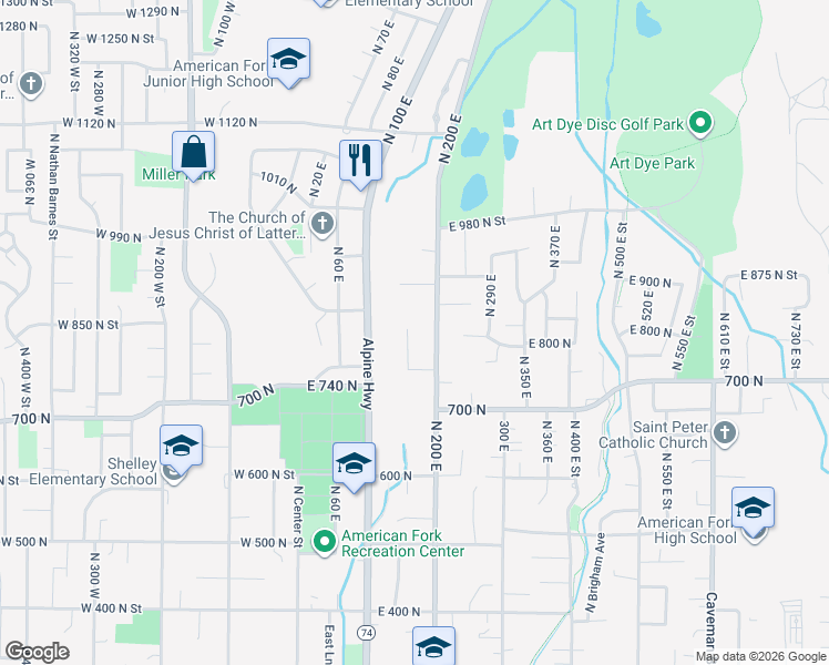 map of restaurants, bars, coffee shops, grocery stores, and more near 822 North 150 East in American Fork