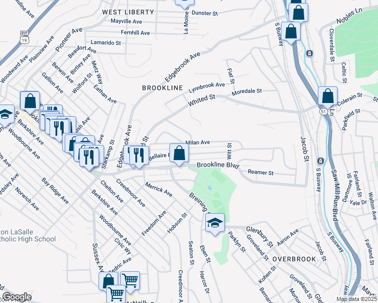 map of restaurants, bars, coffee shops, grocery stores, and more near 1401 Bellaire Place in Pittsburgh