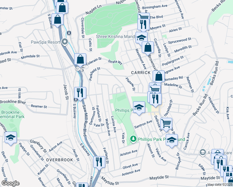map of restaurants, bars, coffee shops, grocery stores, and more near 2000 Park Boulevard in Pittsburgh