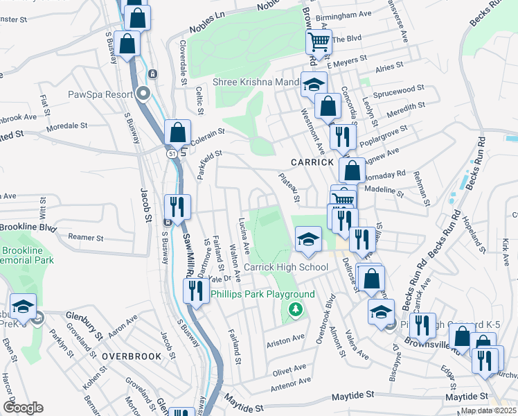 map of restaurants, bars, coffee shops, grocery stores, and more near 2000 Park Boulevard in Pittsburgh