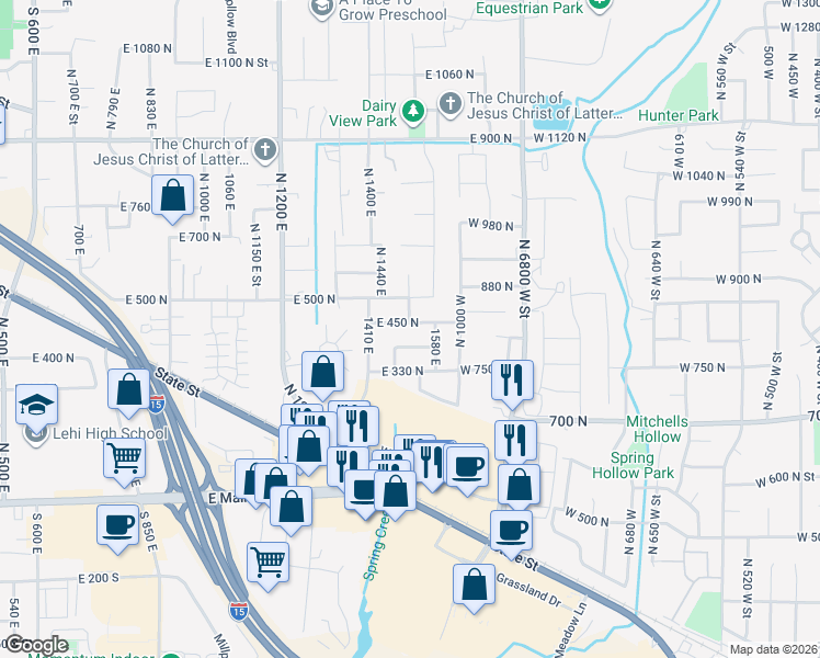 map of restaurants, bars, coffee shops, grocery stores, and more near 1518 East 450 North in Lehi