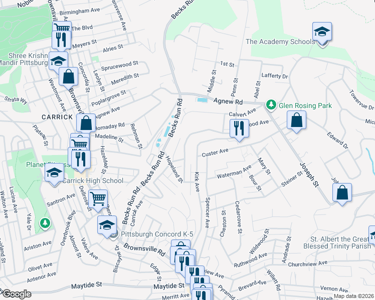 map of restaurants, bars, coffee shops, grocery stores, and more near 517 Brinwood Avenue in Pittsburgh