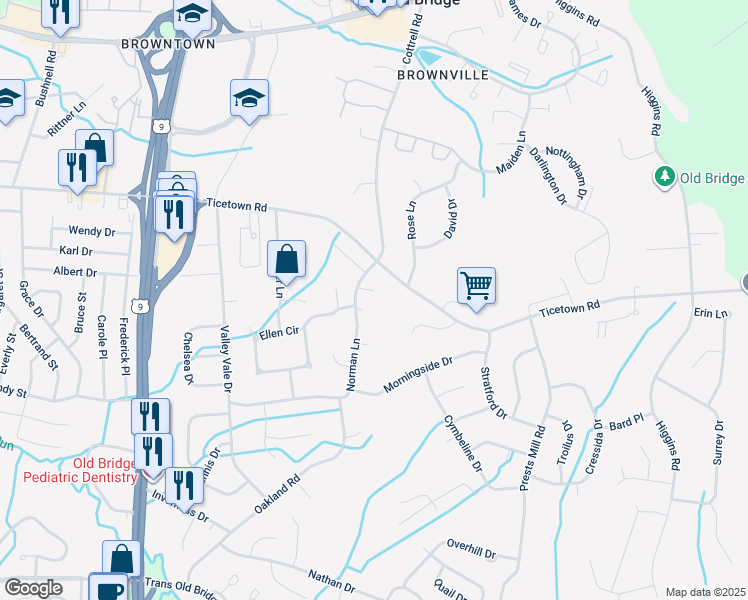 map of restaurants, bars, coffee shops, grocery stores, and more near 3 Irene Court in Old Bridge Township