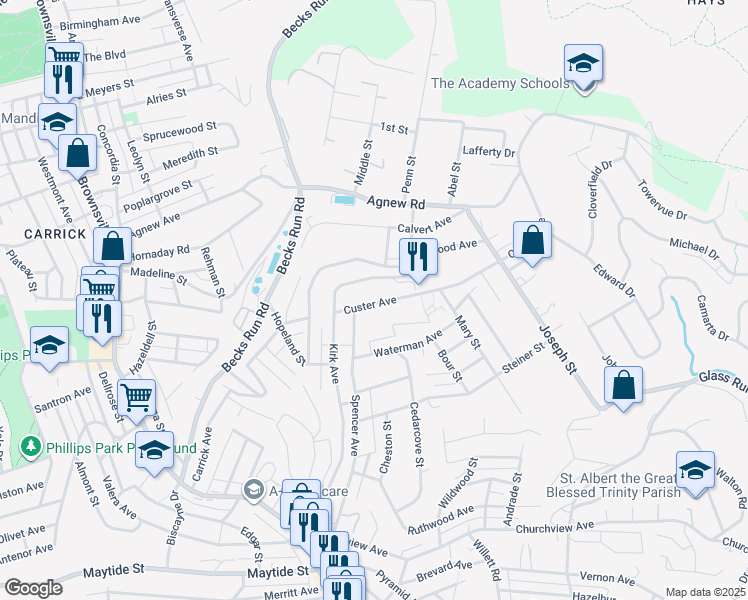 map of restaurants, bars, coffee shops, grocery stores, and more near 2717 Custer Avenue in Pittsburgh