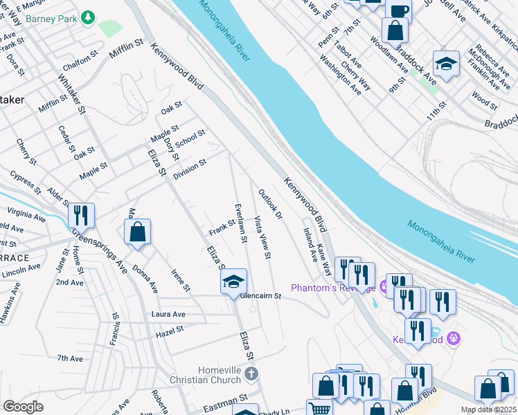 map of restaurants, bars, coffee shops, grocery stores, and more near 3821 Vista View Street in West Mifflin