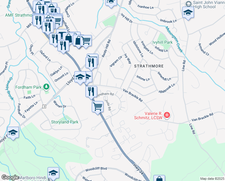 map of restaurants, bars, coffee shops, grocery stores, and more near 83 Bradford Court in Matawan