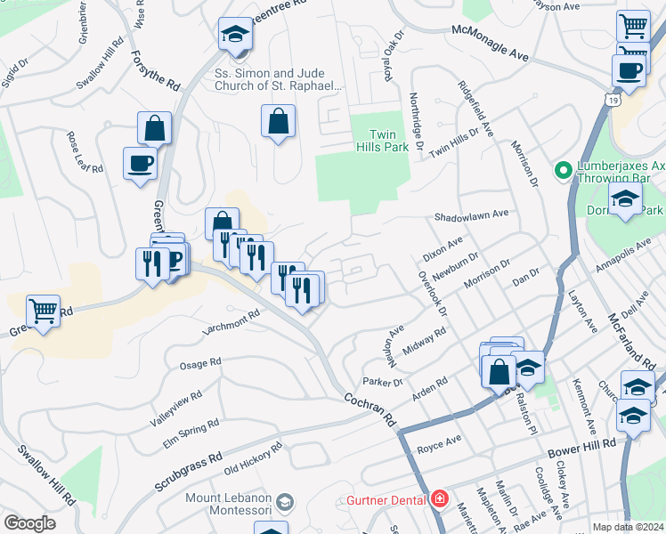 map of restaurants, bars, coffee shops, grocery stores, and more near 178 Jamestown Drive in Pittsburgh