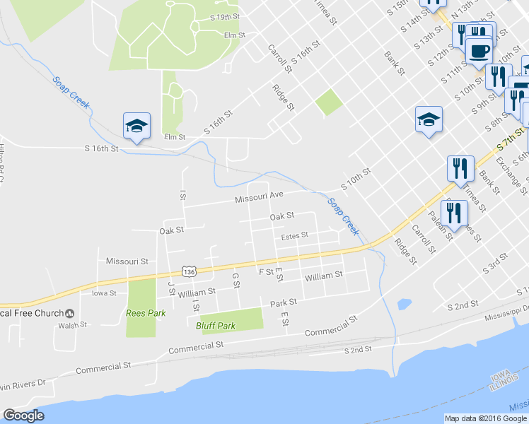 map of restaurants, bars, coffee shops, grocery stores, and more near 1408 Oak Street in Keokuk