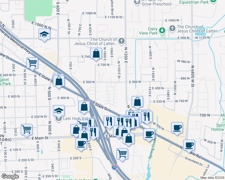 map of restaurants, bars, coffee shops, grocery stores, and more near 1045 470 North in Lehi