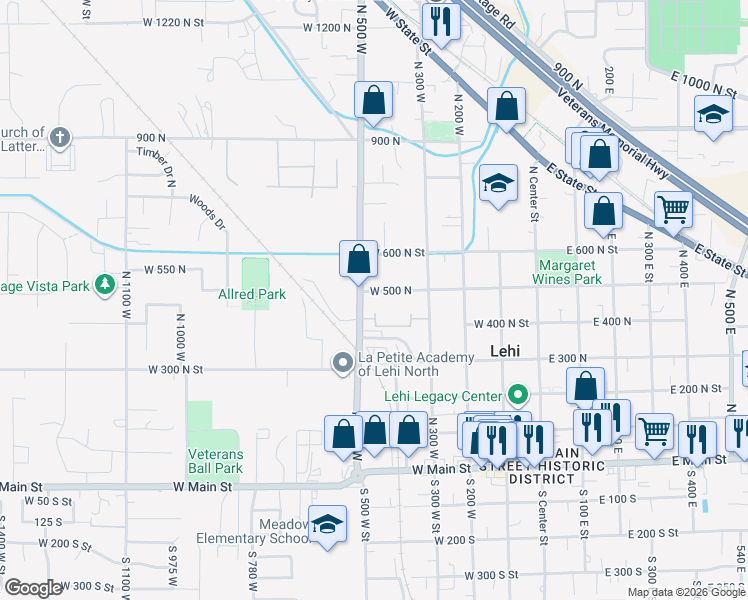 map of restaurants, bars, coffee shops, grocery stores, and more near 459 West 500 North in Lehi