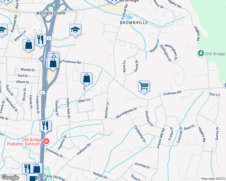 map of restaurants, bars, coffee shops, grocery stores, and more near 3 Irene Court in Old Bridge Township