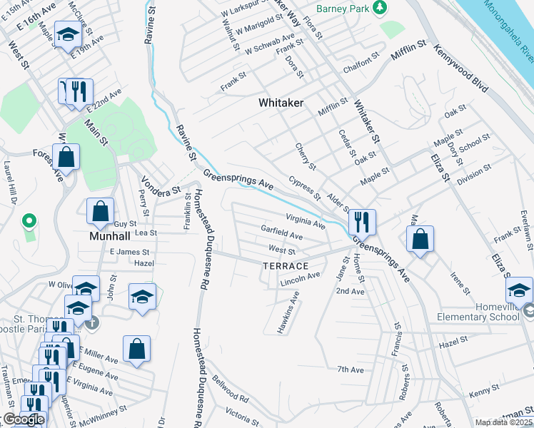 map of restaurants, bars, coffee shops, grocery stores, and more near 3221 Virginia Avenue in West Mifflin