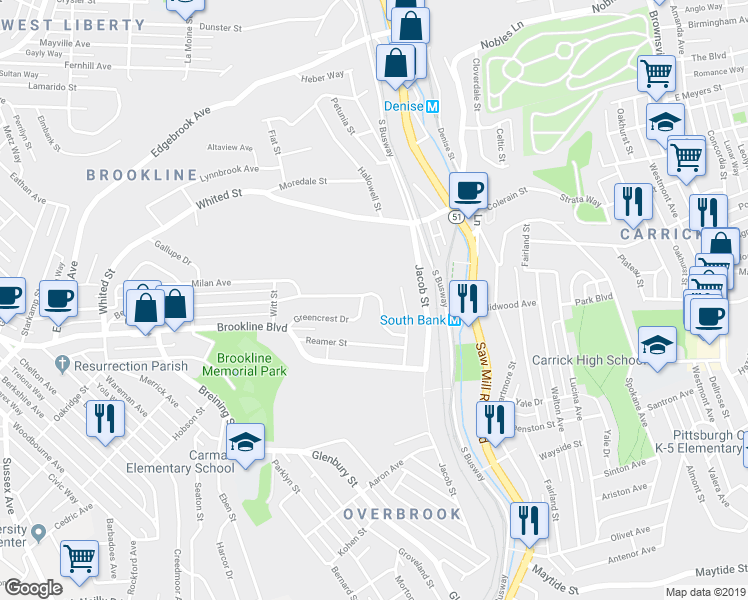 map of restaurants, bars, coffee shops, grocery stores, and more near 1627 Bellaire Place in Pittsburgh