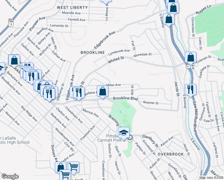 map of restaurants, bars, coffee shops, grocery stores, and more near 1418 Milan Avenue in Pittsburgh