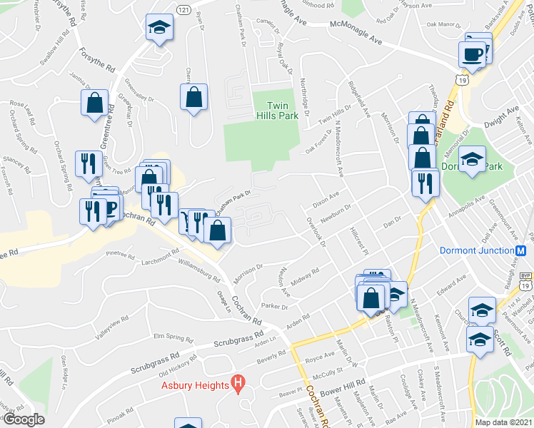 map of restaurants, bars, coffee shops, grocery stores, and more near 130 Jamestown Court in Pittsburgh