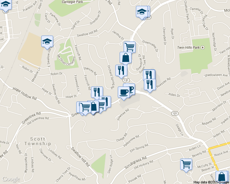map of restaurants, bars, coffee shops, grocery stores, and more near in Scott Township