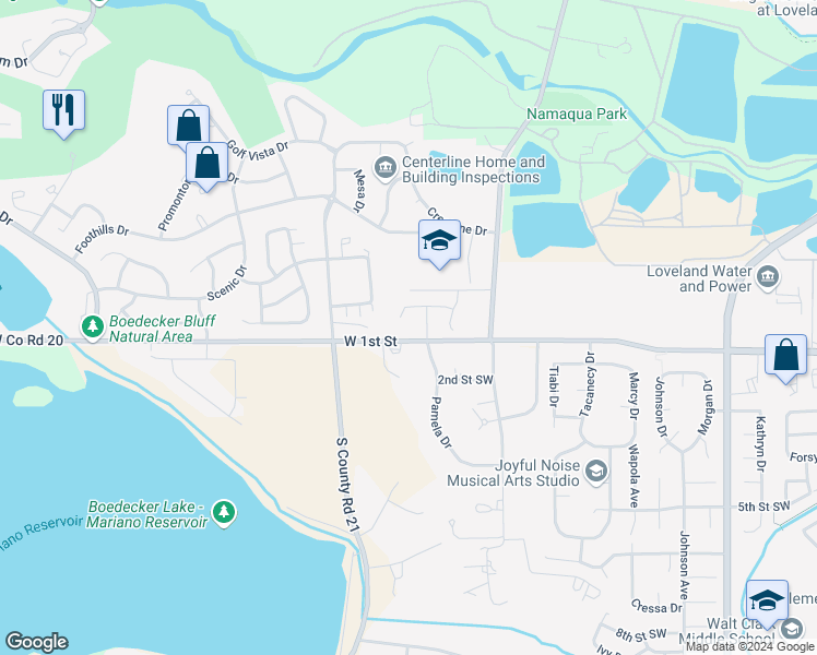 map of restaurants, bars, coffee shops, grocery stores, and more near 114 Taryn Court in Loveland
