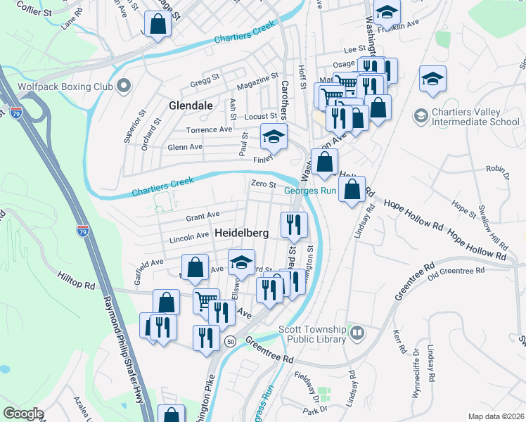 map of restaurants, bars, coffee shops, grocery stores, and more near 1604 Walnut Street in Carnegie