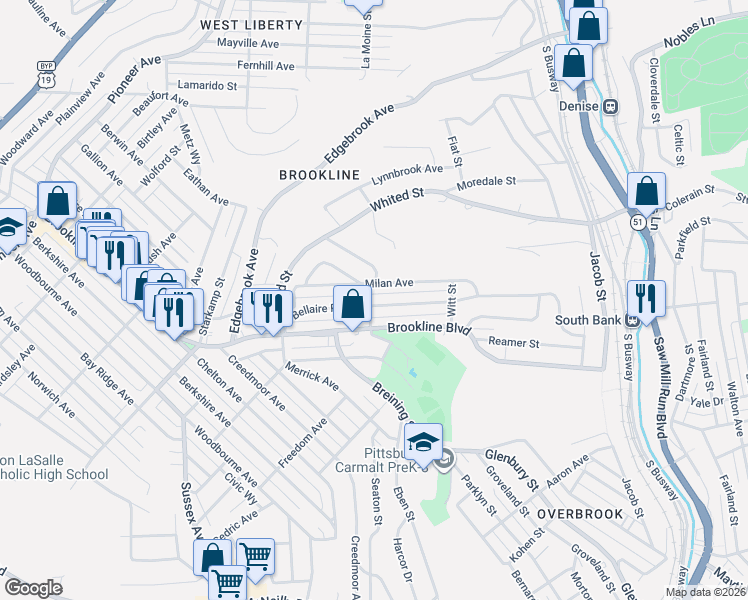 map of restaurants, bars, coffee shops, grocery stores, and more near 1418 Milan Avenue in Pittsburgh