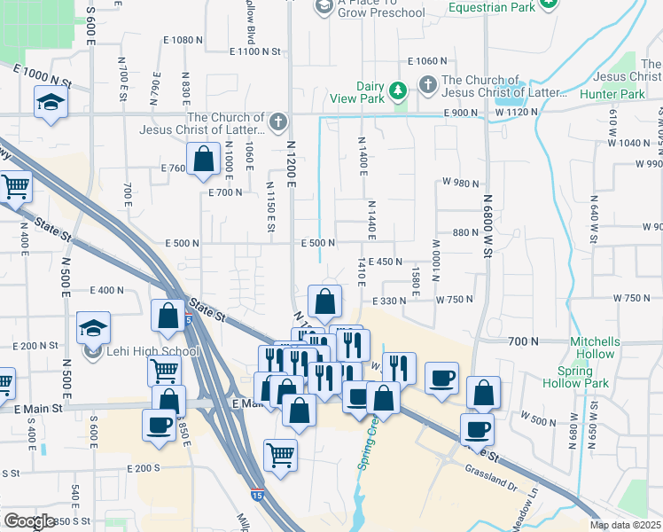 map of restaurants, bars, coffee shops, grocery stores, and more near 418 North 1322 East in Lehi