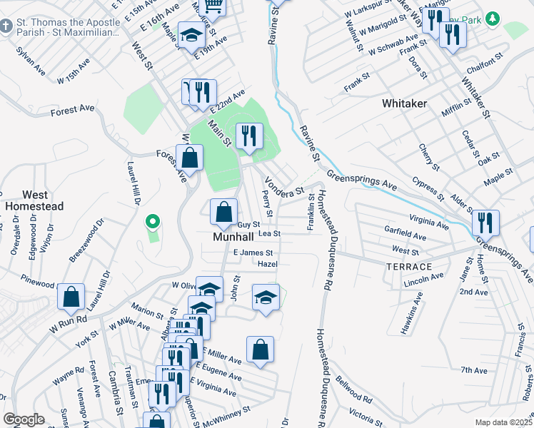 map of restaurants, bars, coffee shops, grocery stores, and more near 2452 Perry Street in Munhall