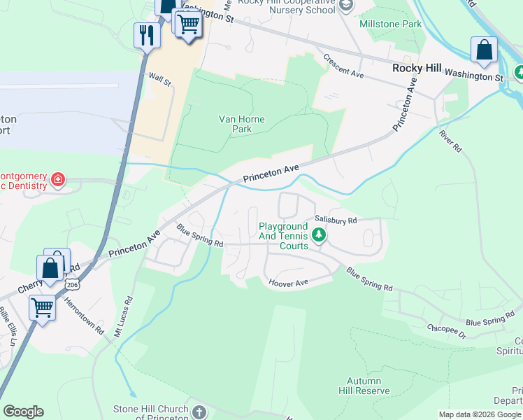 map of restaurants, bars, coffee shops, grocery stores, and more near 403 Marten Road in Princeton