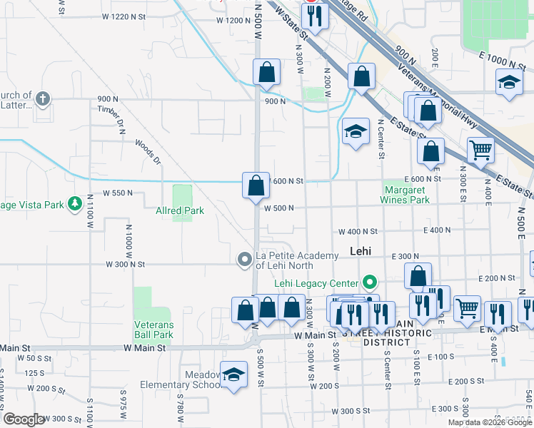 map of restaurants, bars, coffee shops, grocery stores, and more near 459 West 500 North in Lehi