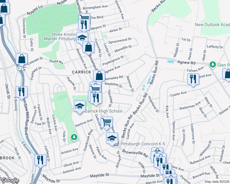 map of restaurants, bars, coffee shops, grocery stores, and more near 115 East Woodford Avenue in Pittsburgh