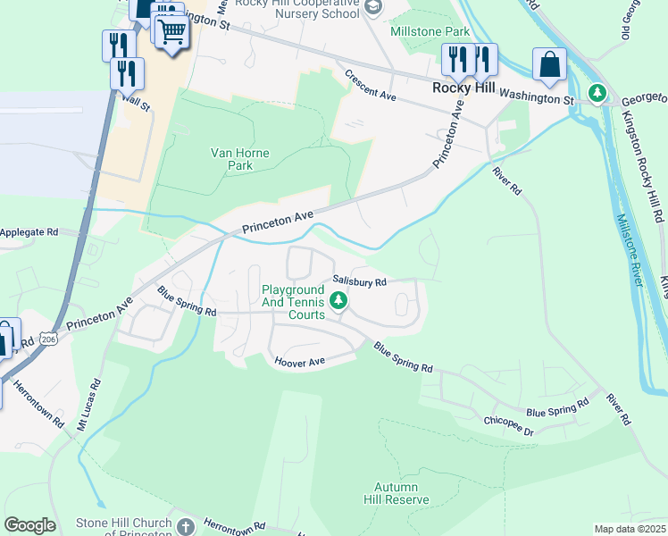 map of restaurants, bars, coffee shops, grocery stores, and more near 14 Taft Court in Princeton