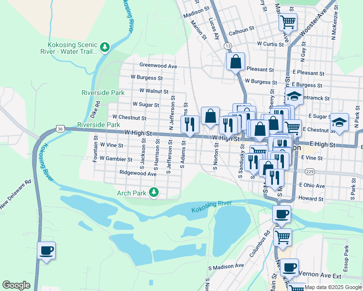 map of restaurants, bars, coffee shops, grocery stores, and more near 609 West Vine Street in Mount Vernon