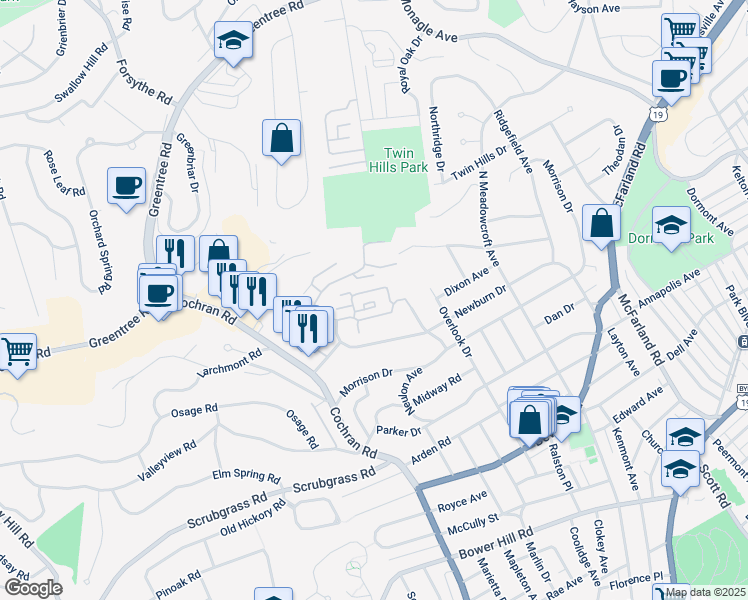map of restaurants, bars, coffee shops, grocery stores, and more near 128 Jamestown Court in Pittsburgh