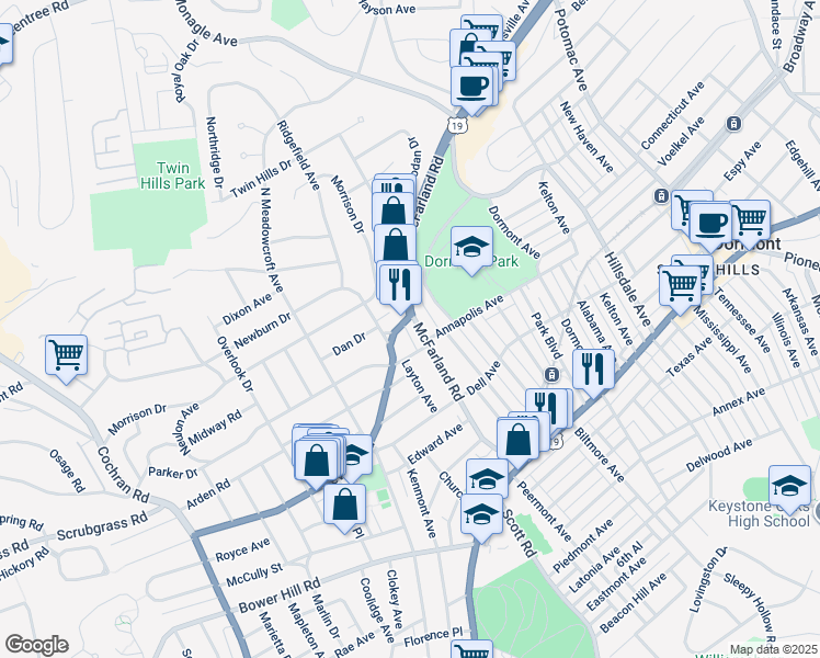 map of restaurants, bars, coffee shops, grocery stores, and more near 110 Beverly Road in Mt. Lebanon