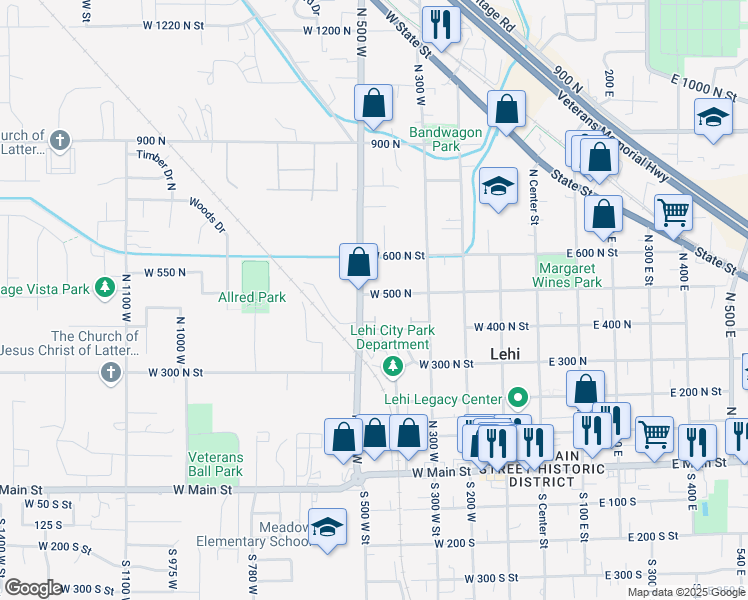 map of restaurants, bars, coffee shops, grocery stores, and more near 459 West 500 North in Lehi
