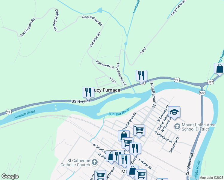 map of restaurants, bars, coffee shops, grocery stores, and more near 32 Walker Drive in Mount Union