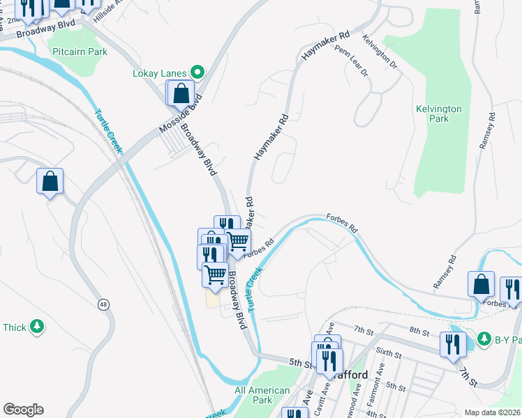 map of restaurants, bars, coffee shops, grocery stores, and more near 1880 Haymaker Rd in Monroeville